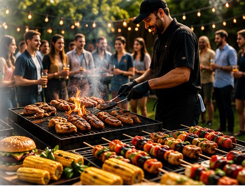 Grilled BBQ skewers and meats on a smoky grill