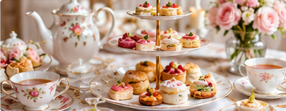 Tea party table with pastries, tea and flowers
