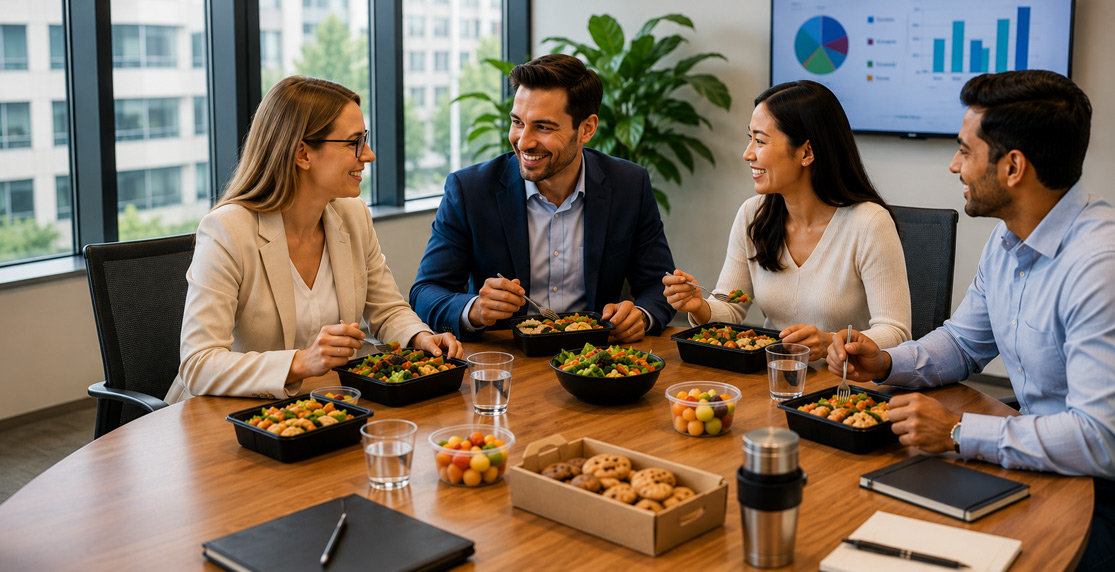 Office team enjoying daily catered lunch