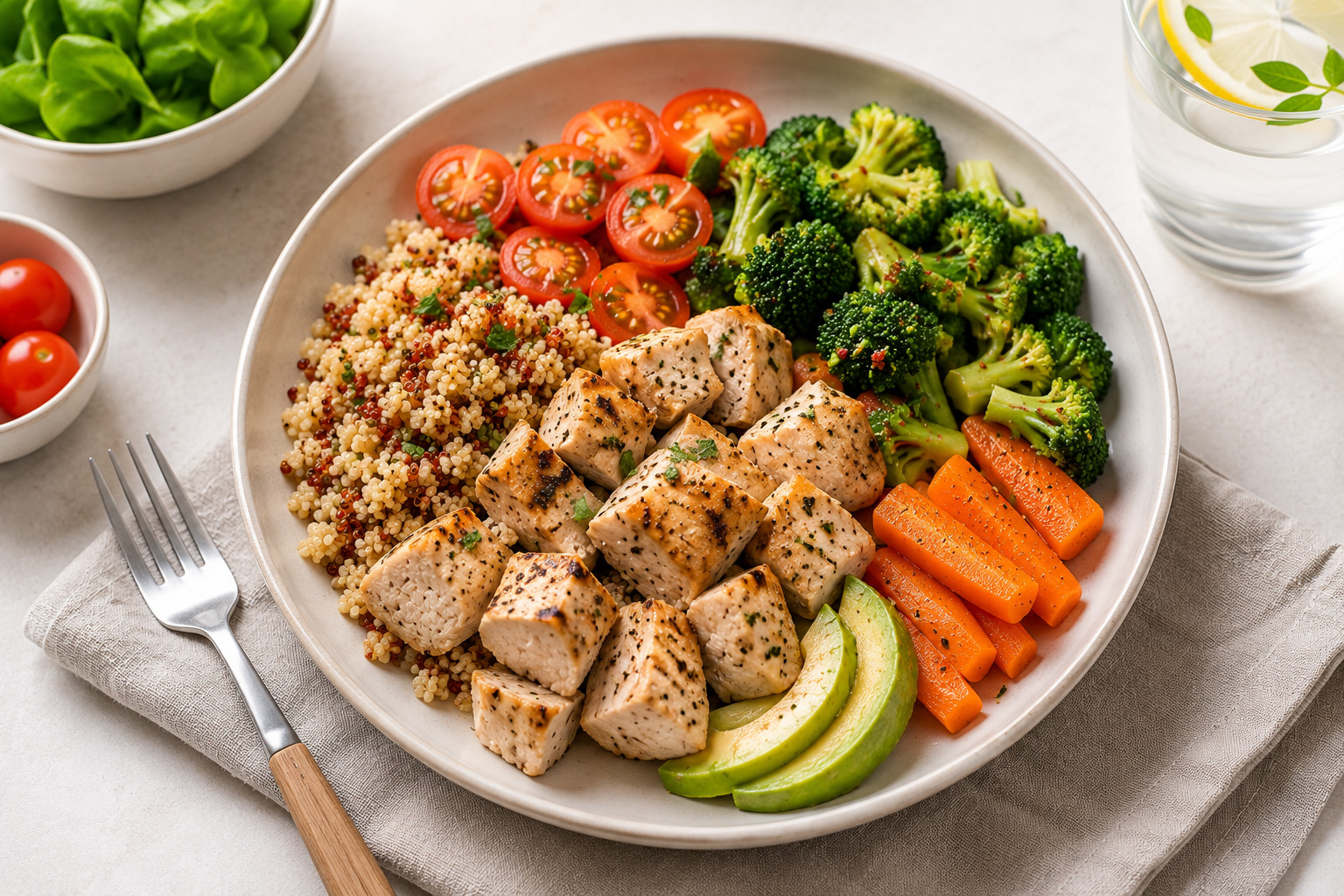 Healthy office catering meal with chicken and vegetables